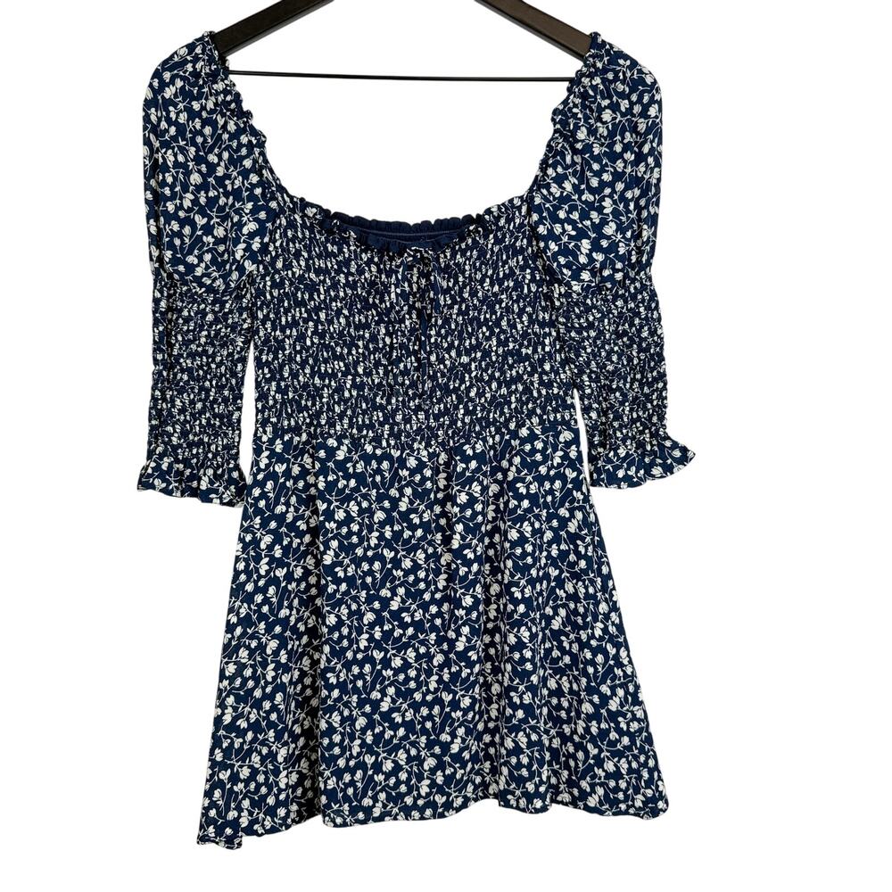 Reformation Floral Smocked Mini Dress Navy Blue - S